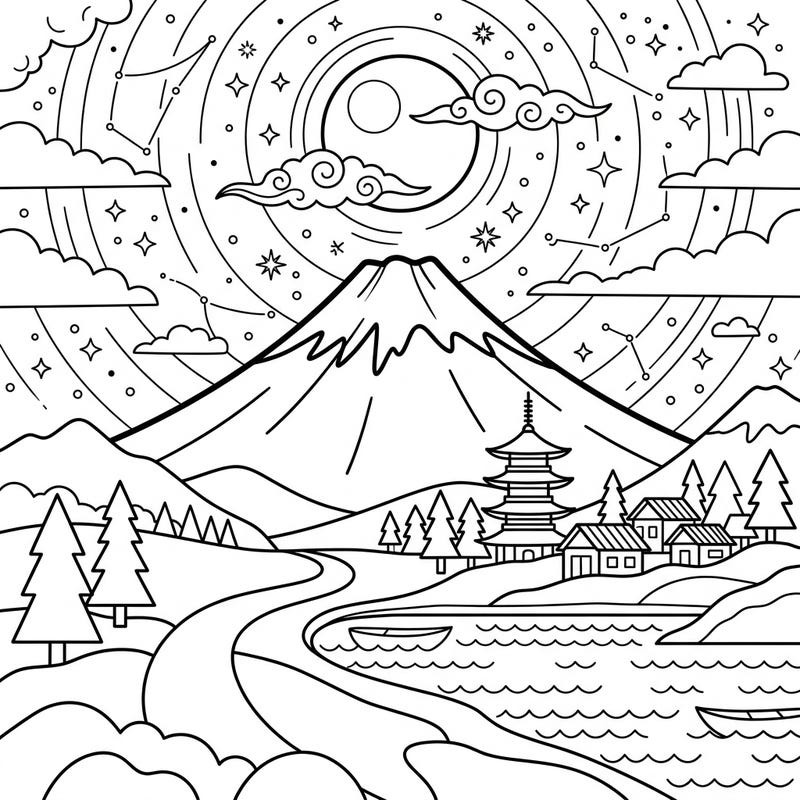 Discover the tranquil beauty of Japan with this stunning Mount Fuji coloring page set under a mystical night sky. Featuring a traditional village and shimmering constellations, it's a perfect blend of culture and serenity.