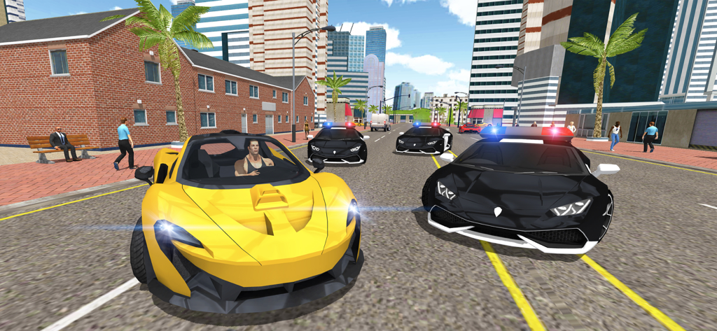 A yellow sports car driving through city streets with police cars in the background