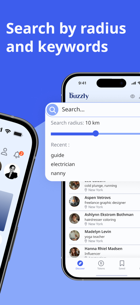 Mobile app interface showing search by radius and keywords to find nearby people and professionals