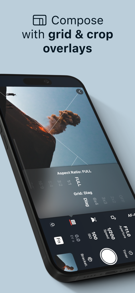 Shutter - Sony Camera Remote - Interface de l'application Shutter montrant des superpositions de grille et de recadrage pour la composition des photos