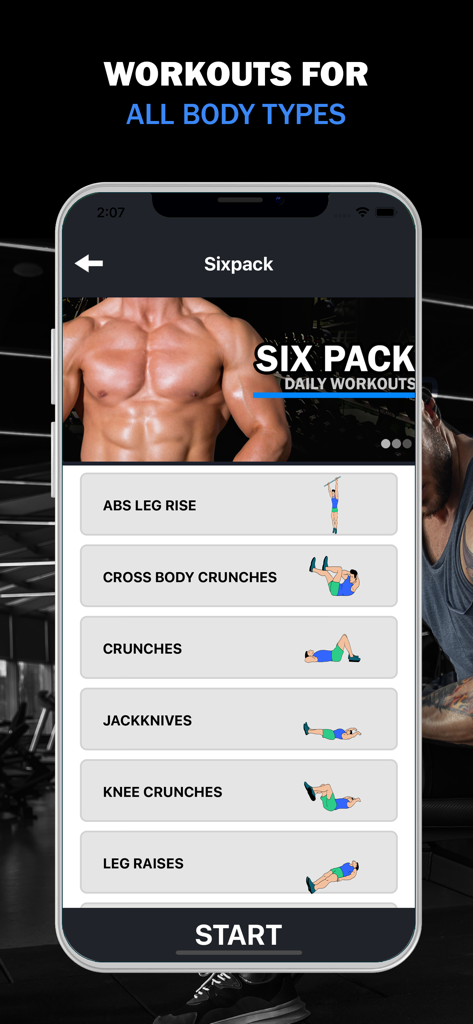 Gym Workout Daily Exercises - Gym Workout app interface showing a list of six pack exercises including crunches and leg raises