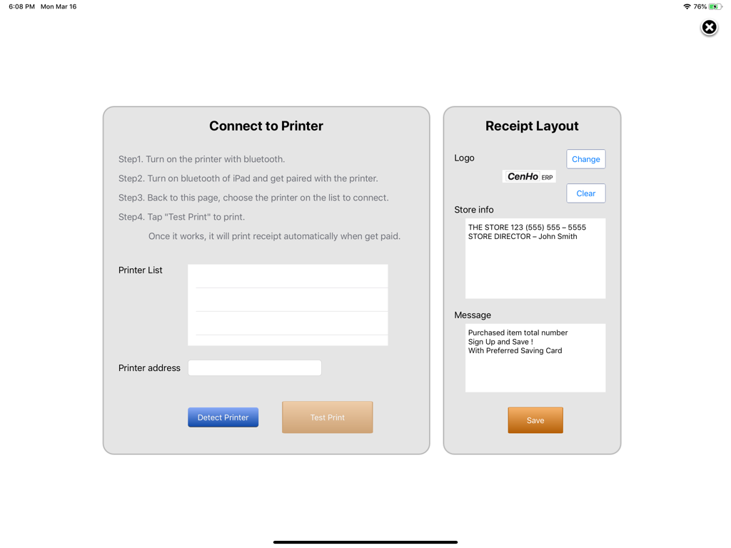 POS S Pro app screen showing printer connection instructions and receipt layout options
