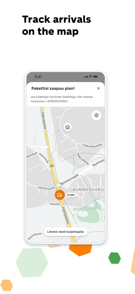 OmaPosti - OmaPosti app interface showing real-time delivery tracking on a map with estimated arrival time