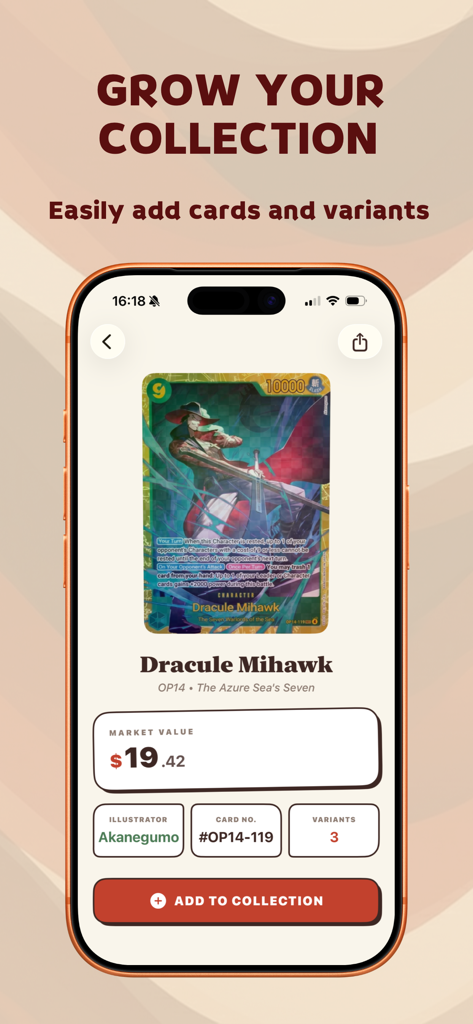 Bounty: OP TCG Scanner - Interface showing market price for Dracule Mihawk card and add to collection button
