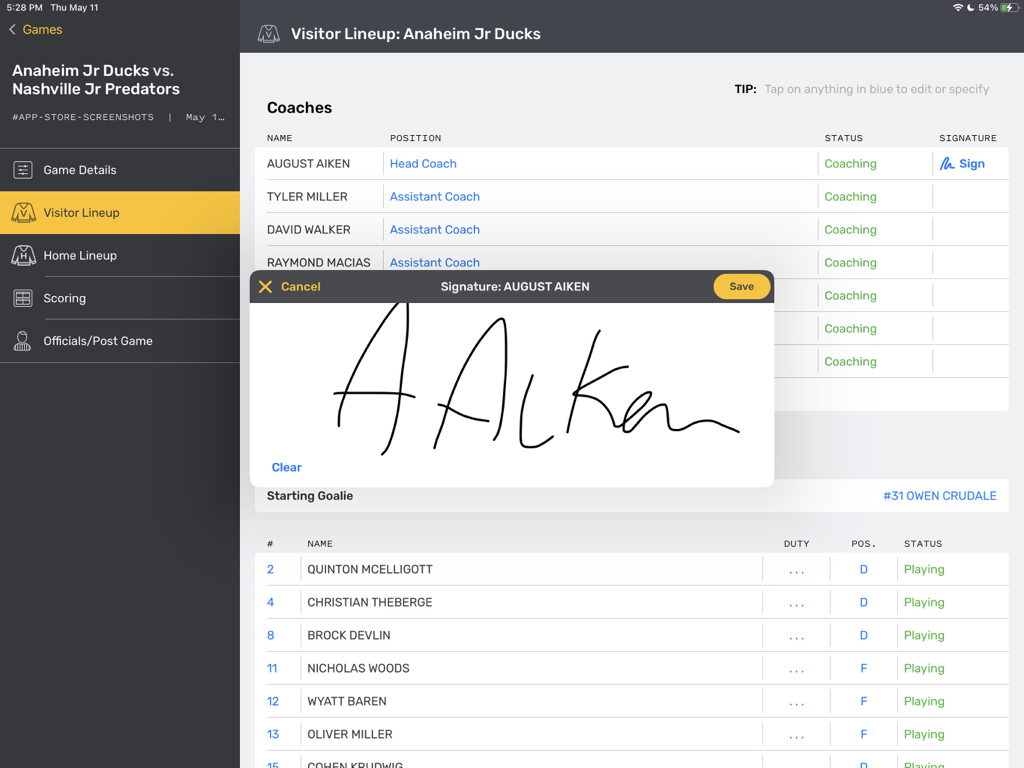 Digitale Signaturoberfläche für Trainer in der GameSheet iPad-App