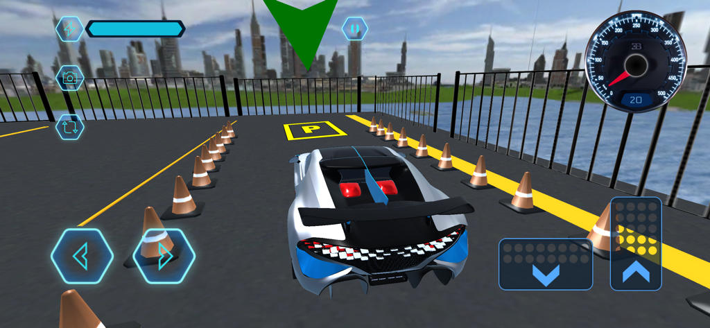 Bugatti Parking - Un'ipercar bianca che naviga su un percorso di coni stradali arancioni verso un posto auto in un gioco di simulazione mobile.