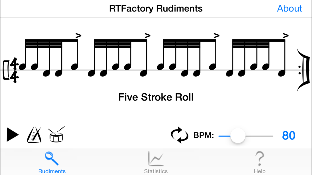 RTFactory Rudiments - Interfaz de la aplicación RTFactory Rudiments que muestra la notación musical del redoble de cinco golpes y los controles de tempo