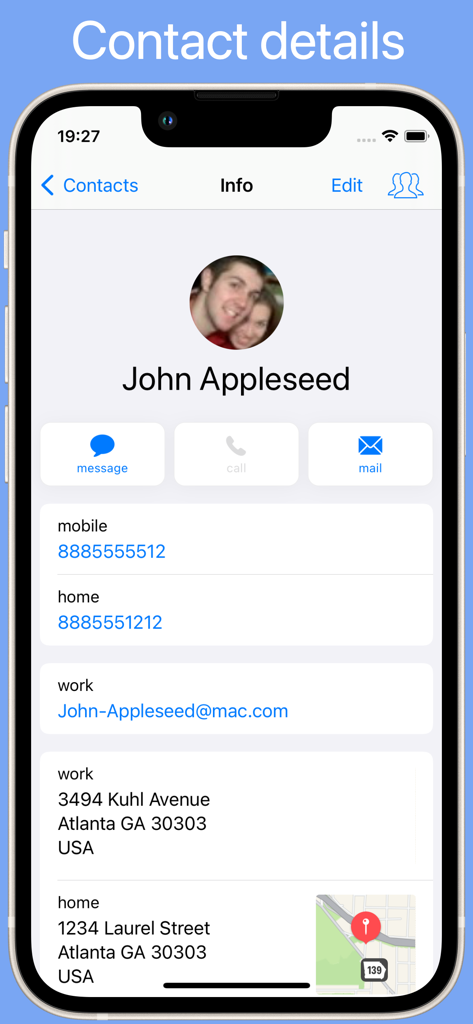 GroupsPro - Captura de pantalla de la aplicación GroupsPro que muestra información detallada de contacto, incluidos números de teléfono y direcciones