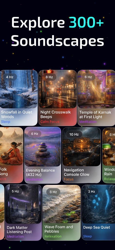 NeuroPulse: Binaural Beats - NeuroPulse app interface showing a wide variety of soundscapes for sleep focus and meditation