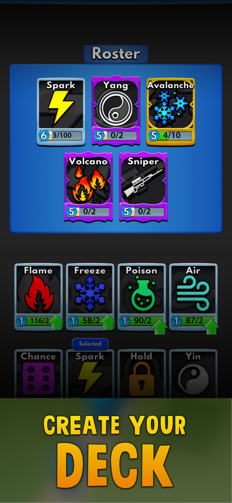 Merge Clash: Tower Defense - A menu screen in Merge Clash showing a roster of five strategic towers including Spark and Sniper with a call to action to create your deck.