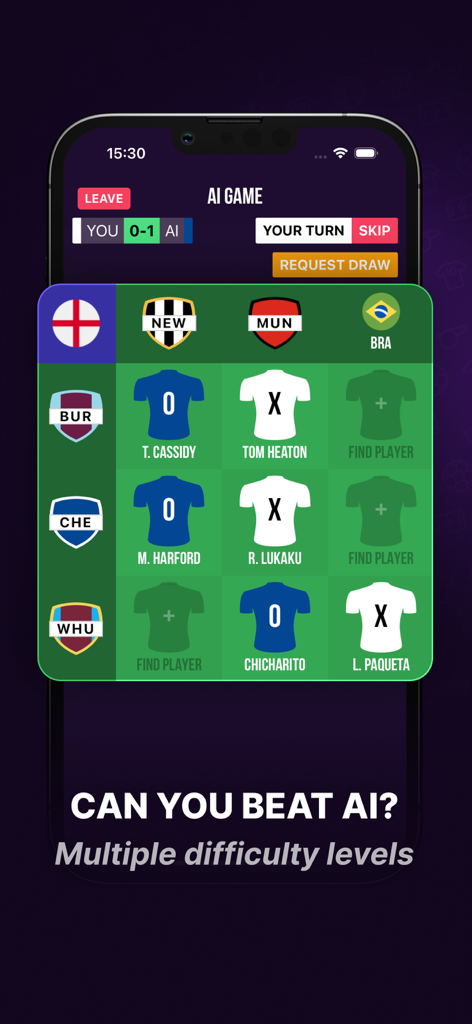 Captura de tela do jogo mobile Tiki Taka Toe mostrando um modo de jogo de IA com uma grade de trivia de futebol