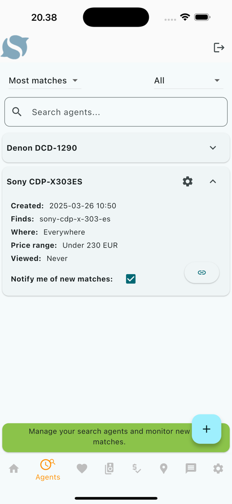 Hifishark Companion - Hifishark Companion app interface displaying search agents for monitoring high end audio equipment listings