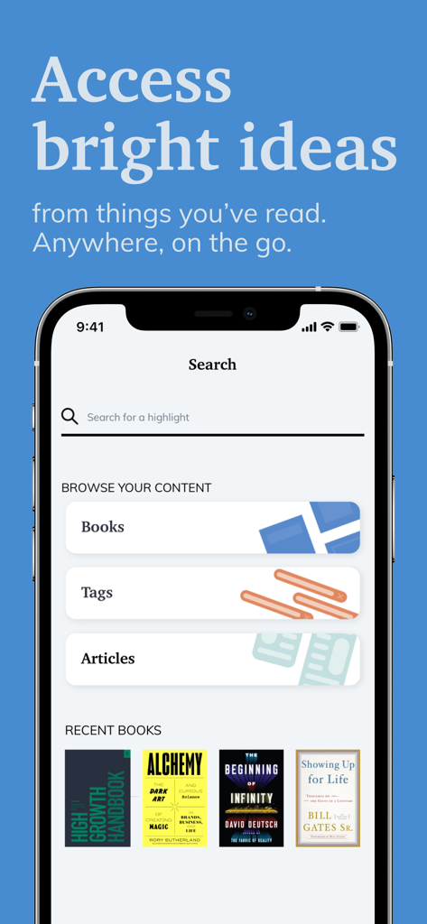 Readwise - Readwise app search screen showing highlights categorized by books, tags, and articles with a list of recently read non-fiction books.