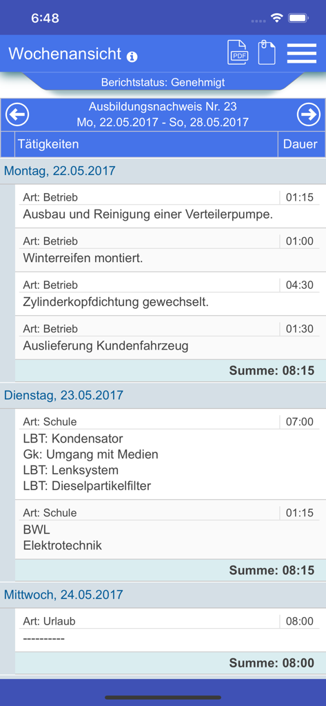 Azubiheft App - Wöchentliche Protokollansicht in der Azubiheft App mit täglichen Aufgaben und Stunden