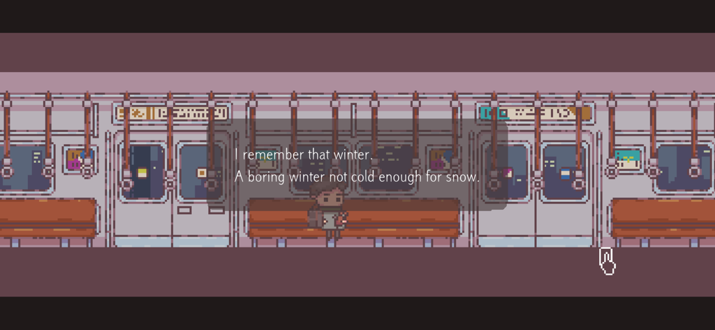 Pixel art character sitting alone in a train car with narrative text about winter in the game BOKURA