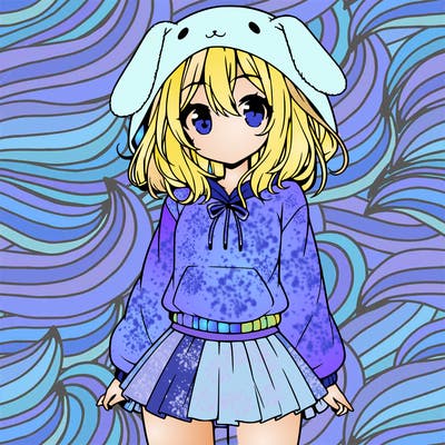 pretty anime girl wearing a fluffy hoodie with bunny ears on the hood and a skirt