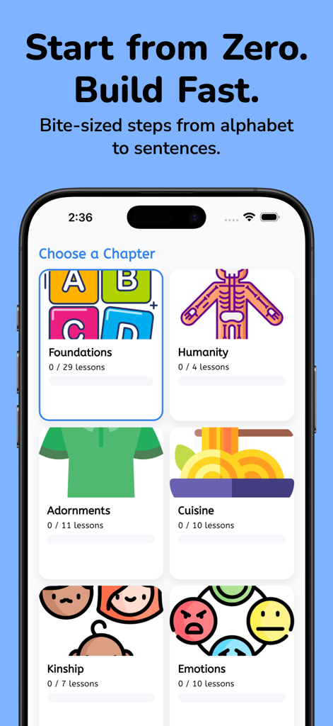 Learn Chinese: For Beginners - Mobile app screen showing modular Chinese language lessons including foundations humanity and cuisine