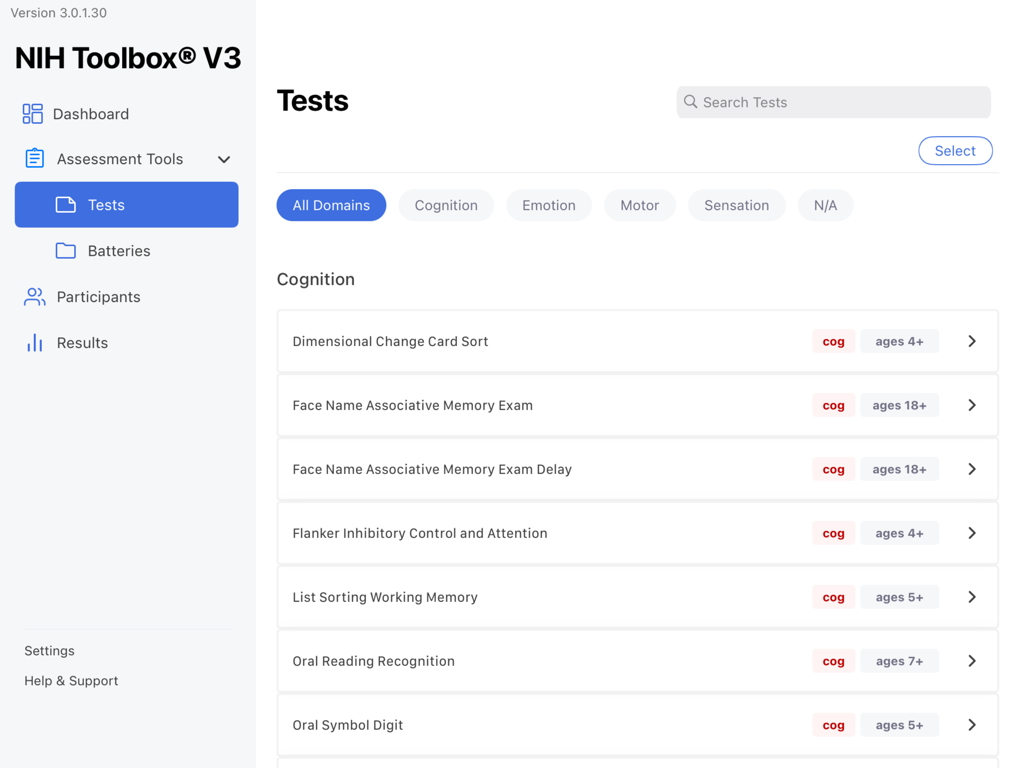 NIH Toolbox V3 app interface showing a list of clinical cognitive assessment tests