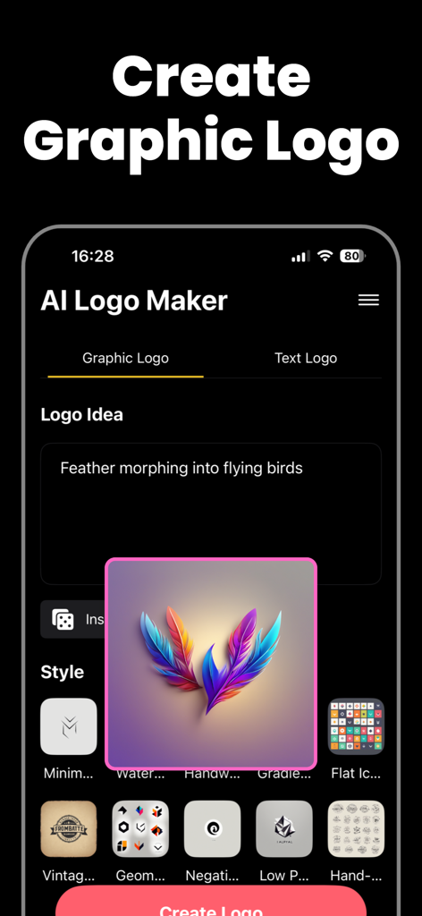 AI Logo Maker · Logo Generator - Pantalla de la aplicación AI Logo Maker mostrando un diseño de logo de pluma con diferentes opciones de estilo como minimalista y vintage.