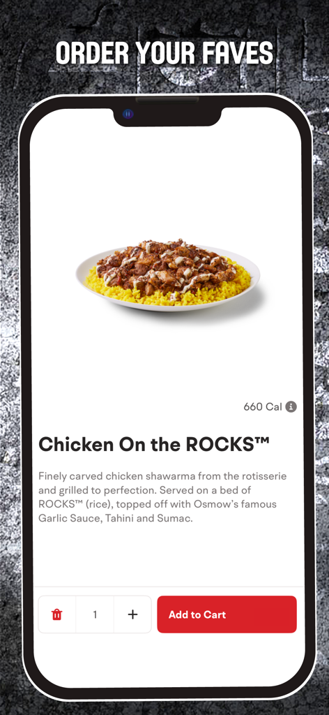 Item do menu Chicken On the ROCKS no aplicativo móvel Osmow's com opção de adicionar ao carrinho