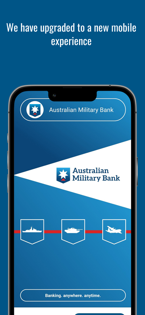 AustMilBank - Australian Military Bank app splash screen on a smartphone showing military branch icons