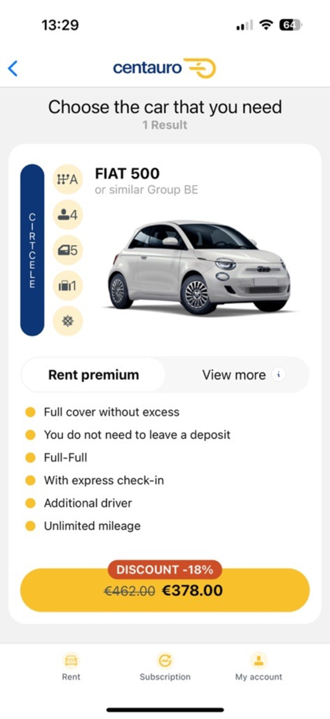 Pantalla de selección de alquiler de coches Fiat 500 con descuento en la app Centauro