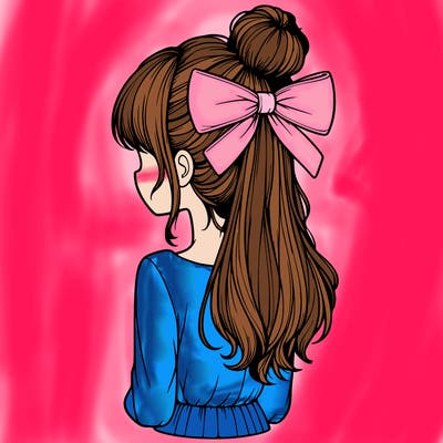 realistic girl  with hip length hair a bun and a big bow on the back of head