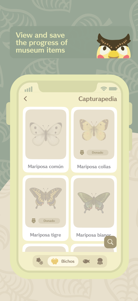 iNook - iNook app screenshot showing the museum bug collection tracker for Animal Crossing