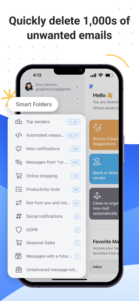 Clean Email App zeigt intelligente Ordner, die E-Mails in Gruppen wie Online-Shopping und soziale Benachrichtigungen für eine einfache Massenlöschung kategorisieren