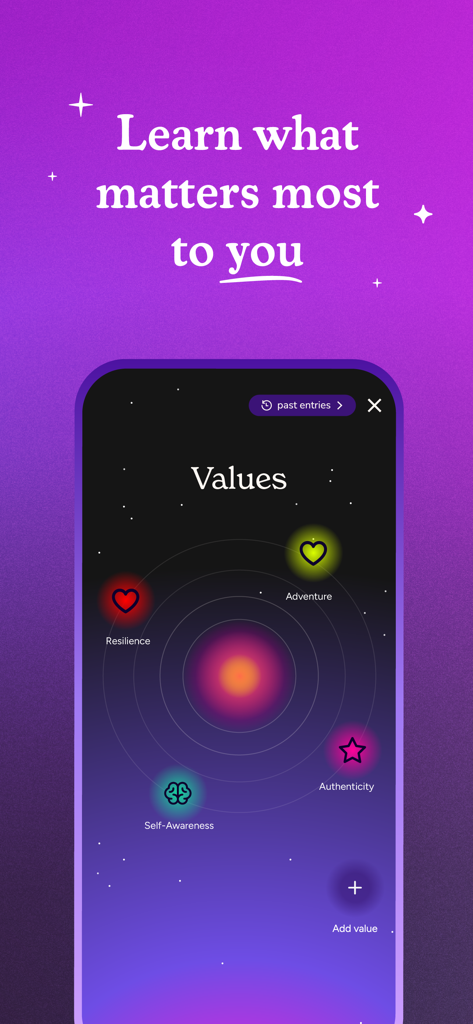Soluna: Mental Health Care - Soluna app interface showing a values exploration tool with glowing icons for resilience adventure self awareness and authenticity