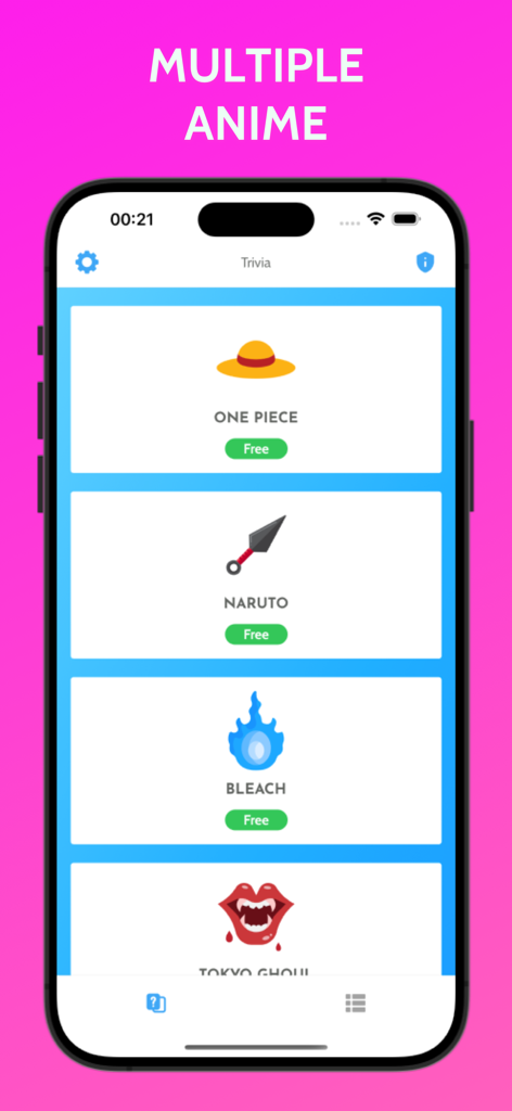 Bildschirm einer mobilen App mit einer Liste von Anime-Trivia-Kategorien, einschließlich One Piece, Naruto und Bleach