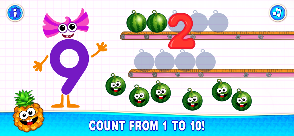 123 Counting Number Kids Games - A colorful educational game screen where children learn to count from 1 to 10 using animated characters.