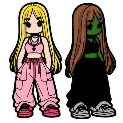 girl in baggy pants crop top and long hair