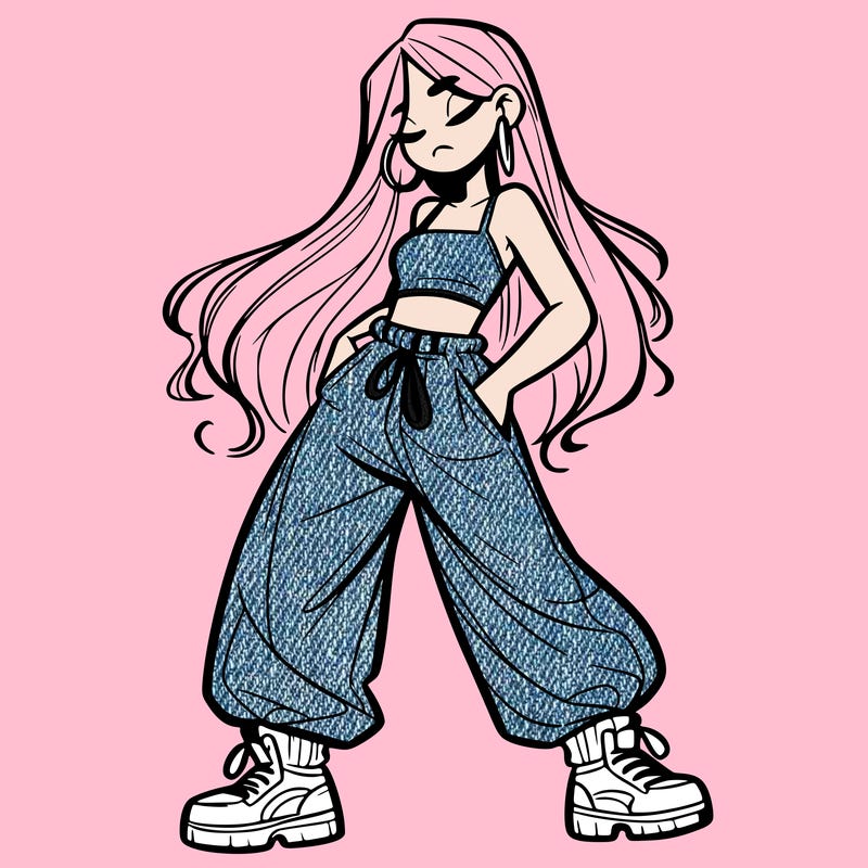 girl in baggy pants crop top and long hair