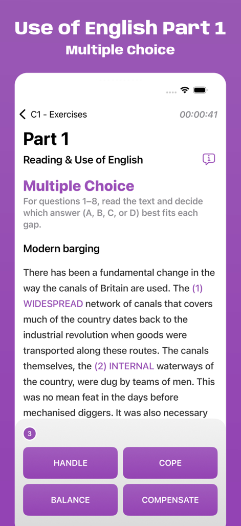 Interfaccia dell'app Cambridge C1 Exam Simulator che mostra un esercizio a scelta multipla per la Parte 1 di Reading and Use of English.