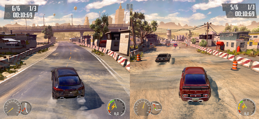 Jugabilidad de carreras multijugador local a pantalla dividida en Junkyard Rush Racing.