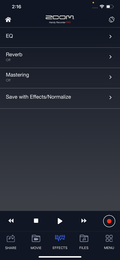 Handy Recorder PRO - Zoom Handy Recorder PRO app effects menu with EQ Reverb and Mastering options