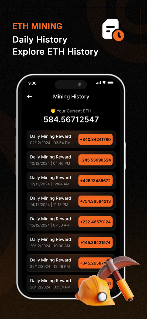 Ethereum mining history screen showing daily rewards and current ETH balance