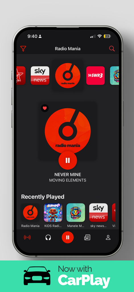 Radio Mania (Sound Hub) - Interfaz del reproductor de música de Radio Mania en un iPhone destacando la nueva integración con CarPlay.