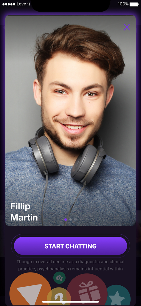 Male user profile screen on the 18 plus Flirt Chat dating app.