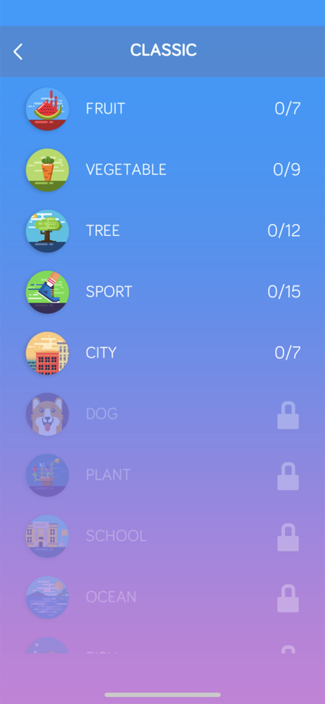 Klassisches Menü der Wortsuche Finde versteckte Wörter mit Rätselkategorien wie Obst Gemüse und Sport