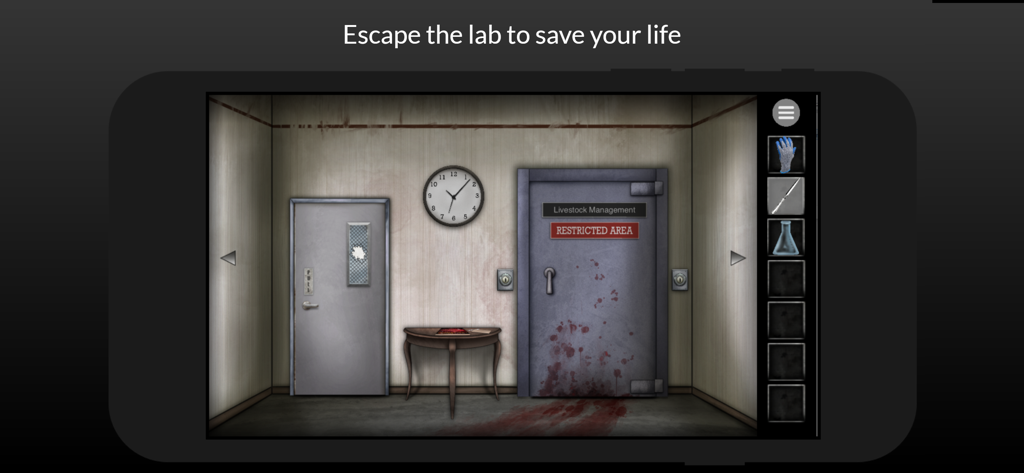 Escape Lab - Episode 2 - Screenshot of a horror escape room game showing a bloody door and inventory