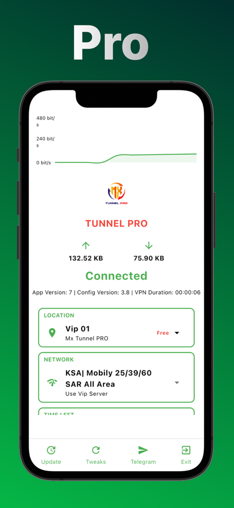 MX Tunnel Pro app interface on an iPhone showing a successful connection status and network settings