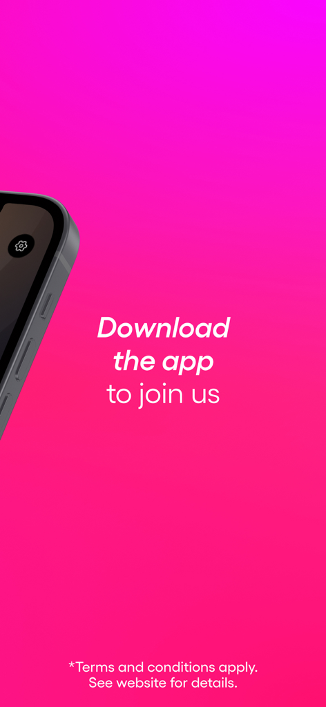 A pink gradient background with a smartphone graphic and text that says Download the app to join us.