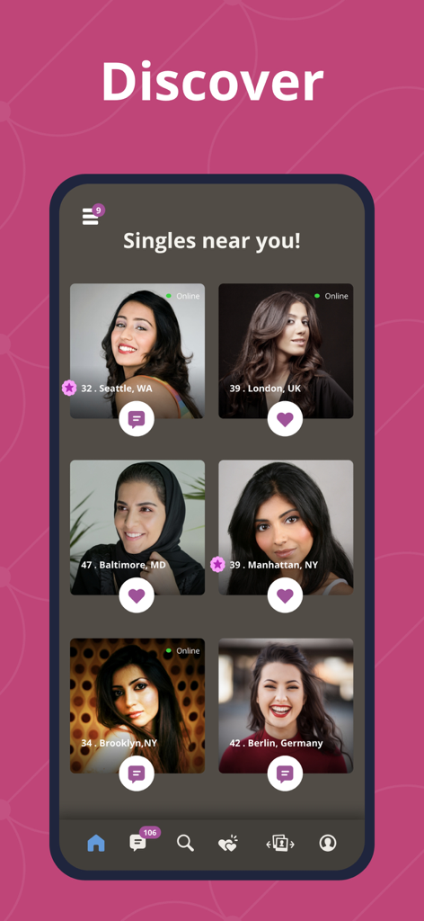 The Discover screen of the ArabLounge app displaying a grid of profiles of Arab singles from different cities worldwide