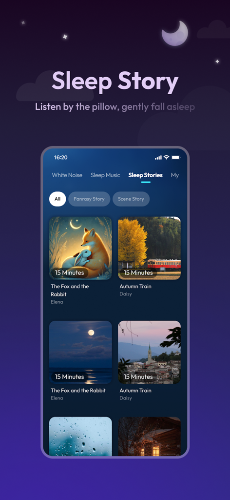 MindSoothe app interface showing a library of relaxing sleep stories for bedtime