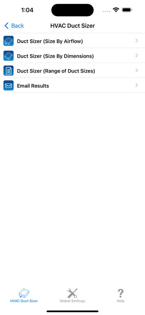 HVAC Duct Sizer - Main menu of the HVAC Duct Sizer app showing options for sizing by airflow, dimensions, and duct ranges.