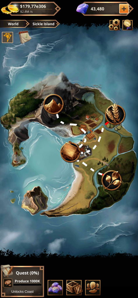 Idle Medieval Merchant Tycoon - Carte de l'île de la Faucille avec des routes commerciales et des nœuds de ressources dans Idle Medieval Merchant Tycoon