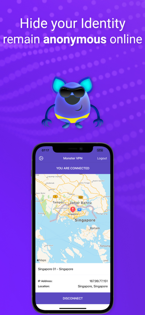 Monster VPN app screen showing a connected server in Singapore and text about staying anonymous online