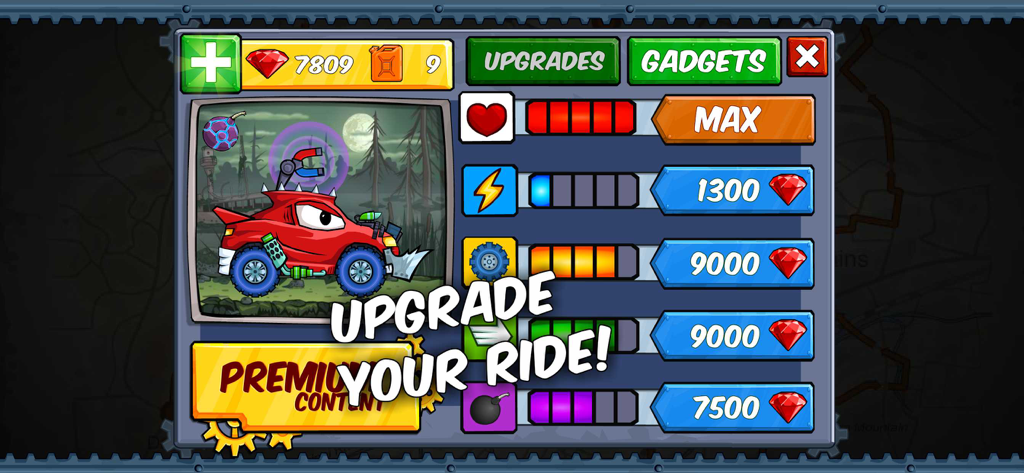 Menu de mise à niveau pour une voiture monstre rouge dans Car Eats Car Apocalypse Race